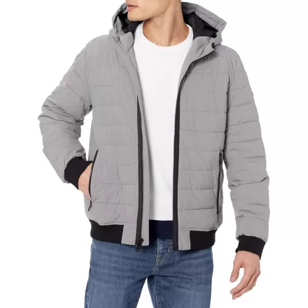 DKNY Mens Quilted Performance Hooded Bomber JacketStone Matte Stretch