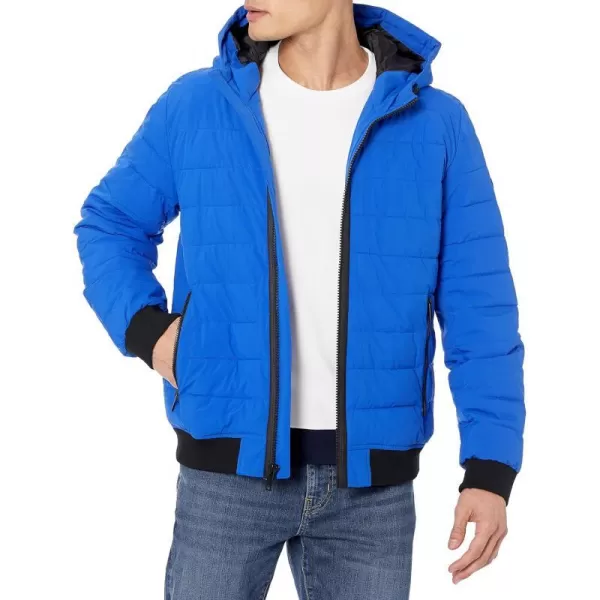 DKNY Mens Quilted Performance Hooded Bomber JacketTransit Blue Matte Stretch