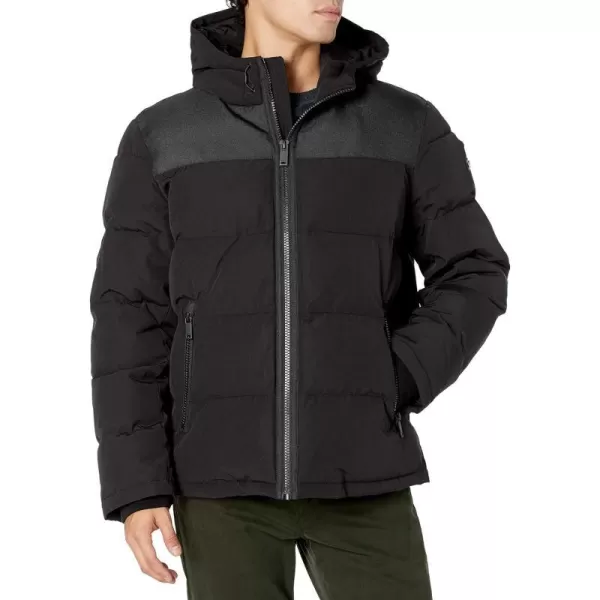 DKNY Mens Shawn Quilted Mixed Media Hooded Puffer JacketBlack