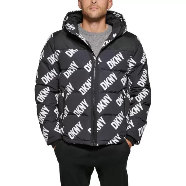 DKNY Mens Shawn Quilted Mixed Media Hooded Puffer JacketBlack Dkny Logo Print