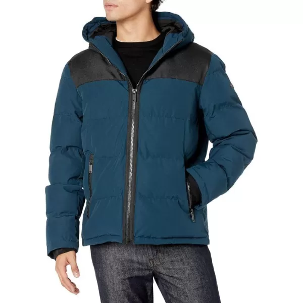 DKNY Mens Shawn Quilted Mixed Media Hooded Puffer JacketBlue Steel