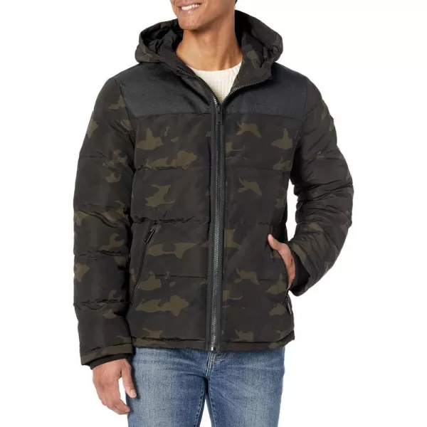 DKNY Mens Shawn Quilted Mixed Media Hooded Puffer JacketCamouflage