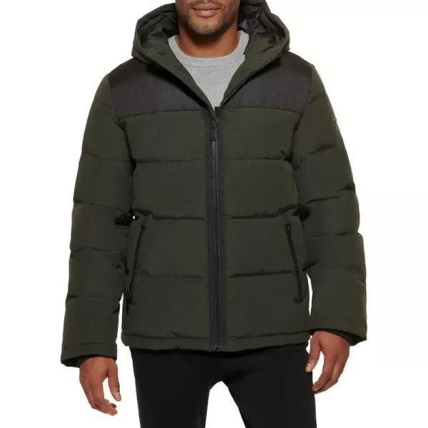 DKNY Mens Shawn Quilted Mixed Media Hooded Puffer JacketDark Olive