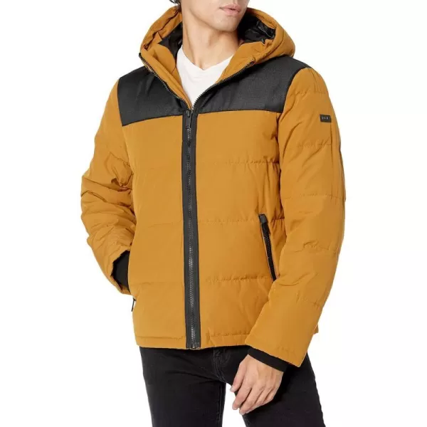 DKNY Mens Shawn Quilted Mixed Media Hooded Puffer JacketGold