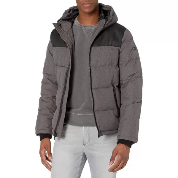 DKNY Mens Shawn Quilted Mixed Media Hooded Puffer JacketHeather Charcoal