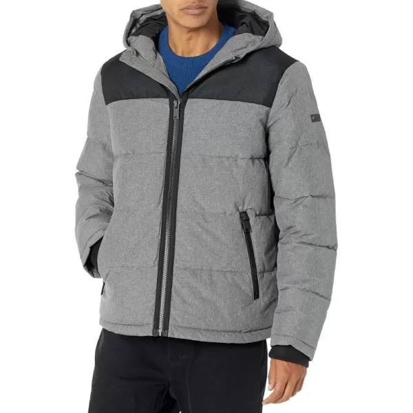 DKNY Mens Shawn Quilted Mixed Media Hooded Puffer JacketHeather Grey