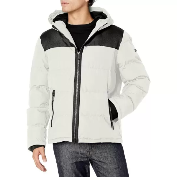 DKNY Mens Shawn Quilted Mixed Media Hooded Puffer JacketIce