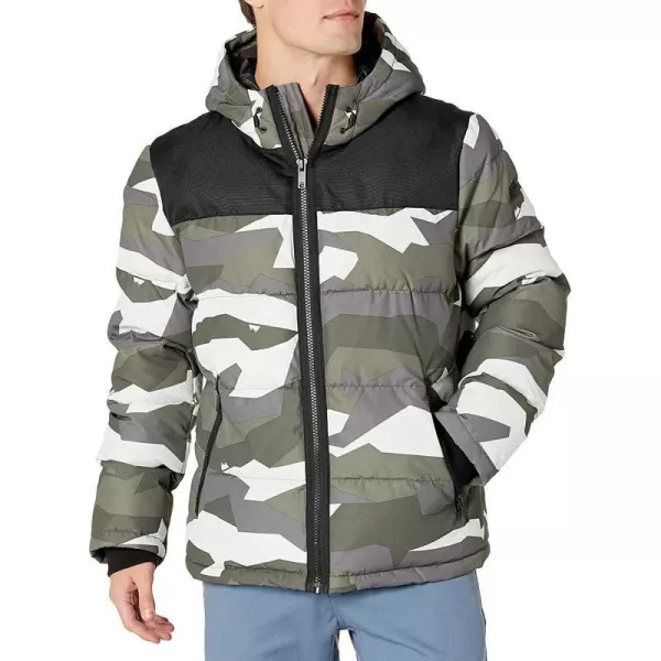 DKNY Mens Shawn Quilted Mixed Media Hooded Puffer JacketOlive Dazzle Camo