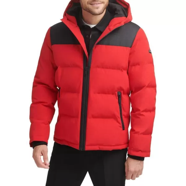 DKNY Mens Shawn Quilted Mixed Media Hooded Puffer JacketRed