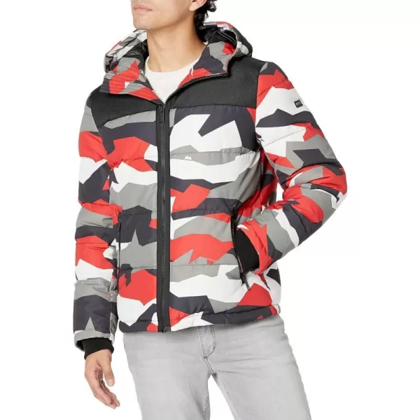 DKNY Mens Shawn Quilted Mixed Media Hooded Puffer JacketRed Dazzle Camo