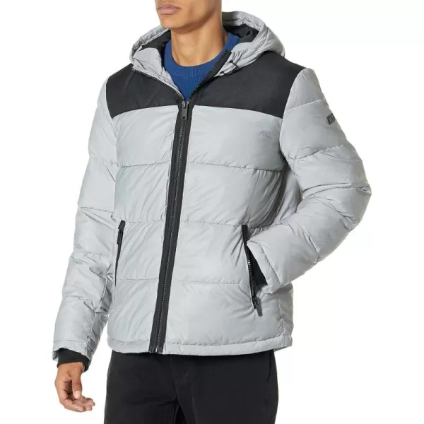 DKNY Mens Shawn Quilted Mixed Media Hooded Puffer JacketReflective