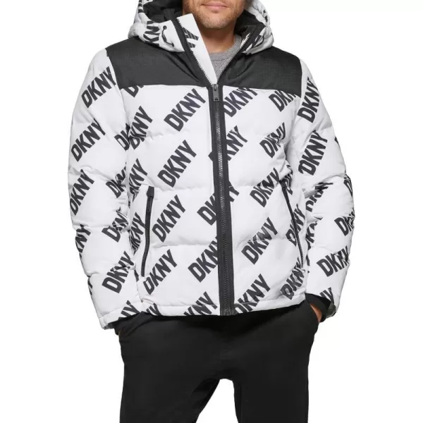 DKNY Mens Shawn Quilted Mixed Media Hooded Puffer JacketWhite Dkny Logo Print