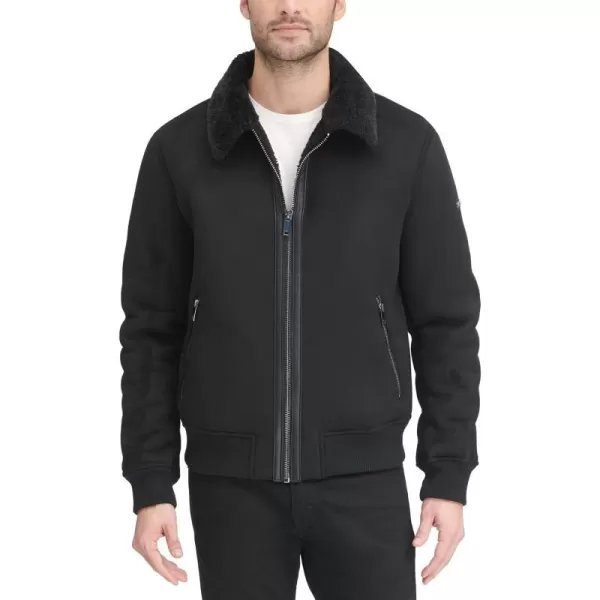 DKNY Mens Shearling Bomber Jacket with Faux Fur CollarBlack