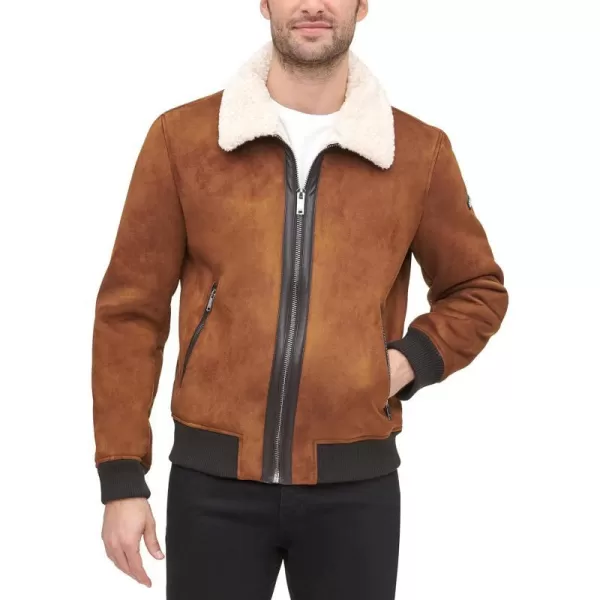 DKNY Mens Shearling Bomber Jacket with Faux Fur CollarBrown