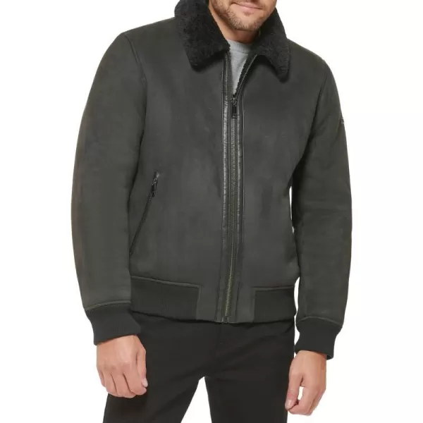 DKNY Mens Shearling Bomber Jacket with Faux Fur CollarJet Grey