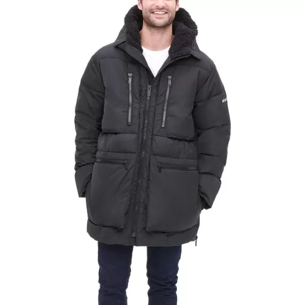 DKNY Mens Ultra Loft Full Length Quilted Parka with Sherpa Lined HoodBlack