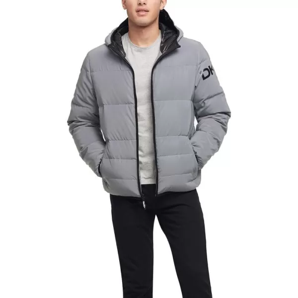 DKNY Mens Water Resistant Ultra Loft Hooded Logo Puffer Jacket Standard and Big amp TallReflective