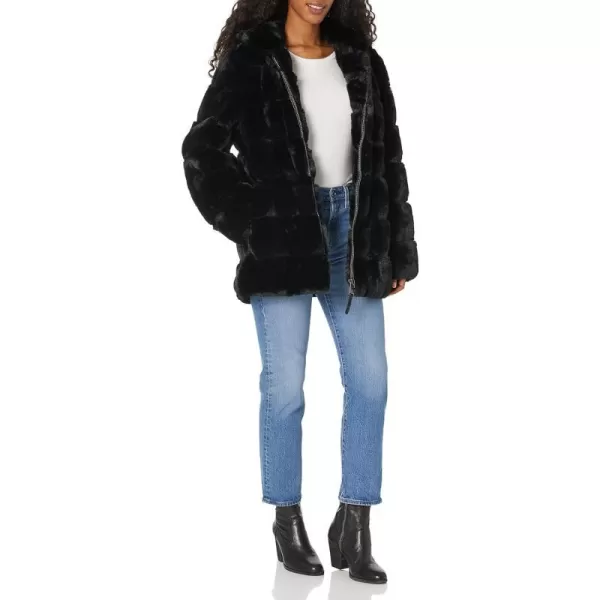 DKNY Womens Faux Fur Hooded Outwear CoatBlack