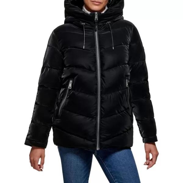 DKNY Womens Faux Fur Lined Hood Puffer JacketBlack