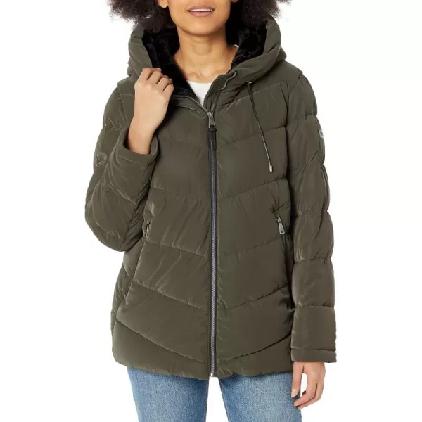 DKNY Womens Faux Fur Lined Hood Puffer JacketLoden