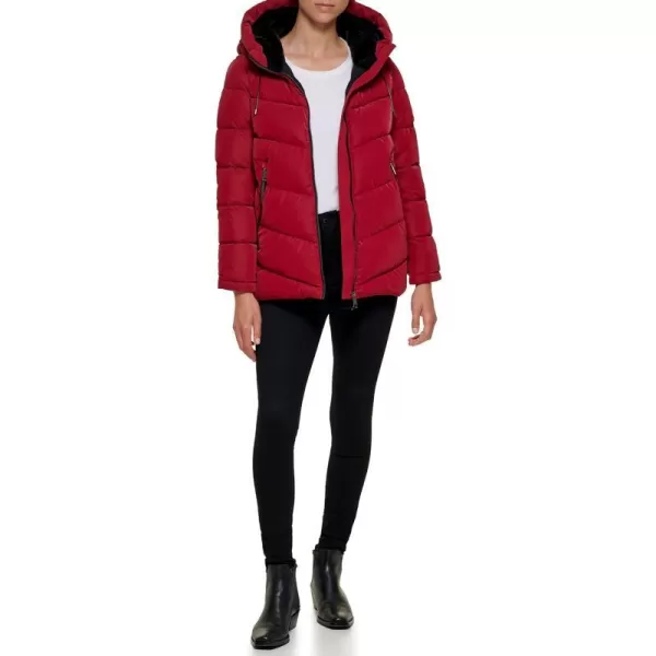 DKNY Womens Faux Fur Lined Hood Puffer JacketRio Red