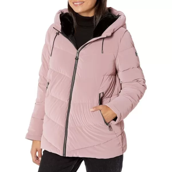 DKNY Womens Faux Fur Lined Hood Puffer JacketRosewood