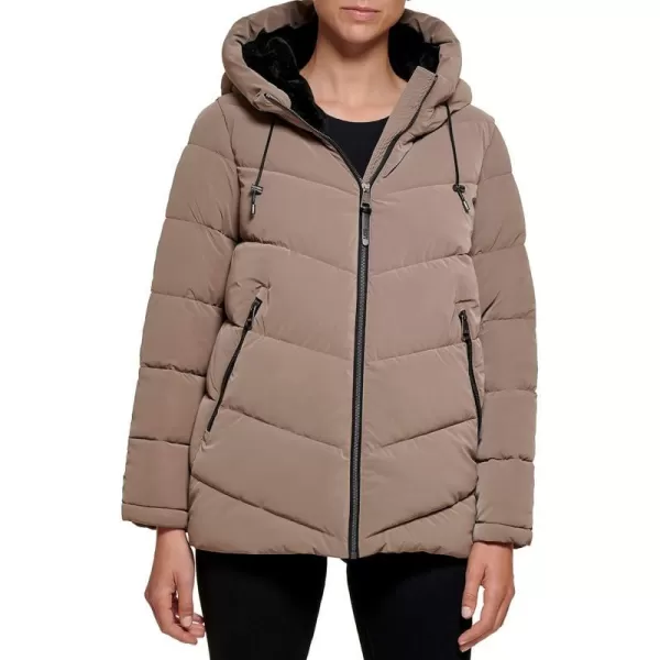 DKNY Womens Faux Fur Lined Hood Puffer JacketTaupe