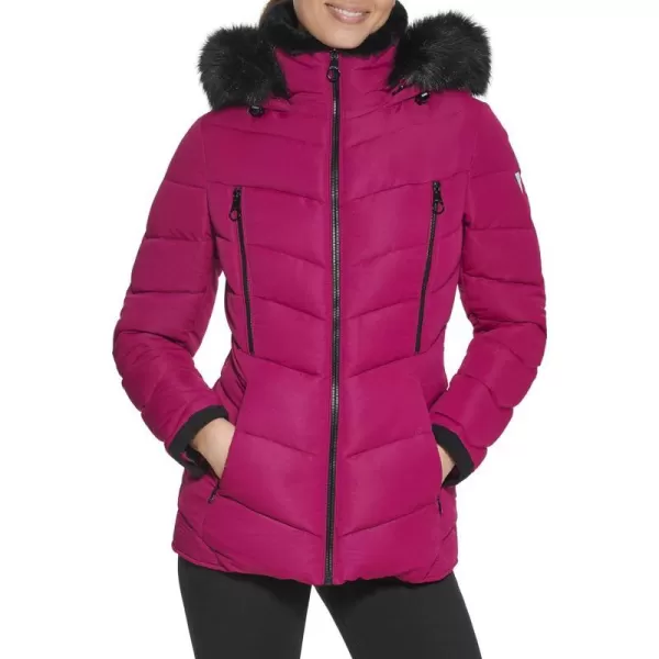 GUESS Womens Cold Weather Hooded Puffer CoatMagenta