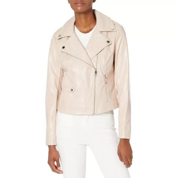 GUESS Womens Faux Leather Moto Jacket with Snake Embossed PrintBlush