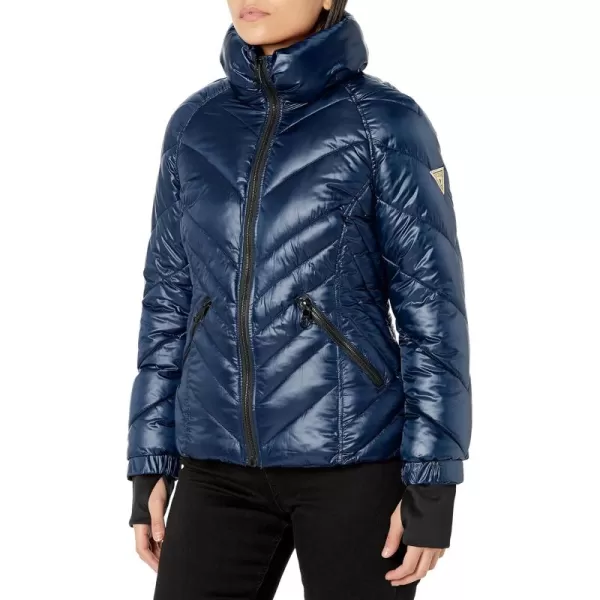 GUESS Womens Puffer Storm Cuffs Quilted Transitional JacketDark Blue