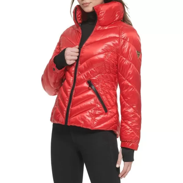 GUESS Womens Puffer Storm Cuffs Quilted Transitional JacketFire Red