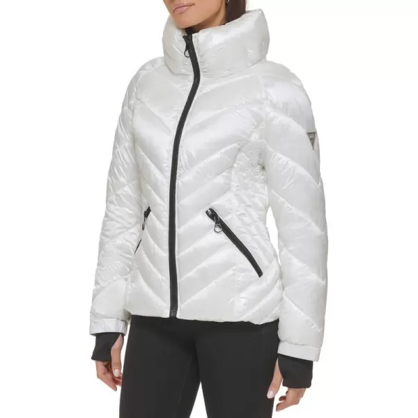 GUESS Womens Puffer Storm Cuffs Quilted Transitional JacketWhite