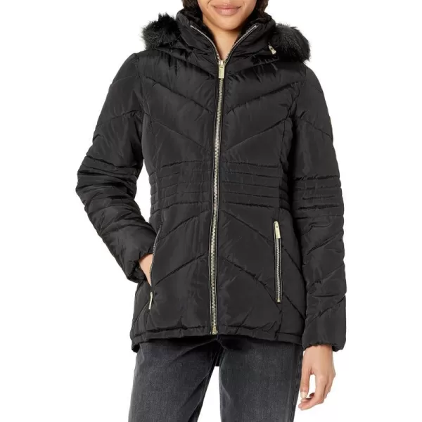 GUESS Womens Short Hooded Puffer Coat with Faux Fur BibBlack