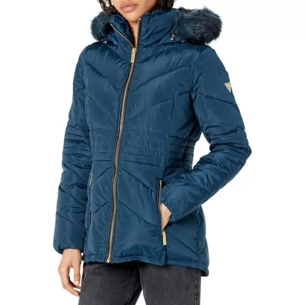 GUESS Womens Short Hooded Puffer Coat with Faux Fur BibDeep Sea