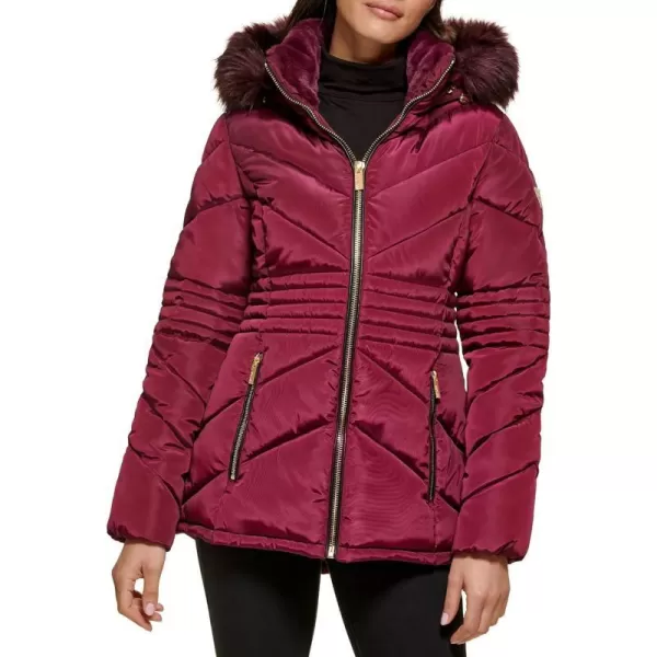 GUESS Womens Short Hooded Puffer Coat with Faux Fur BibJam