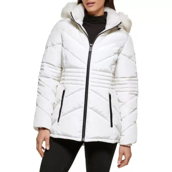 GUESS Womens Short Hooded Puffer Coat with Faux Fur BibMilk