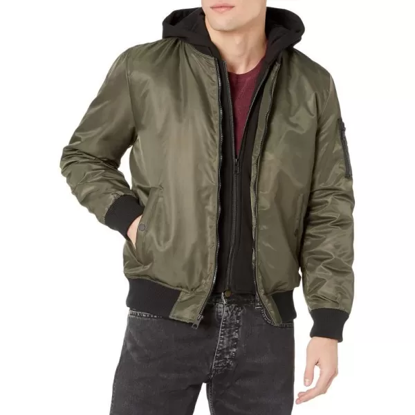 GUESS mens Hooded Bomber JacketOlive