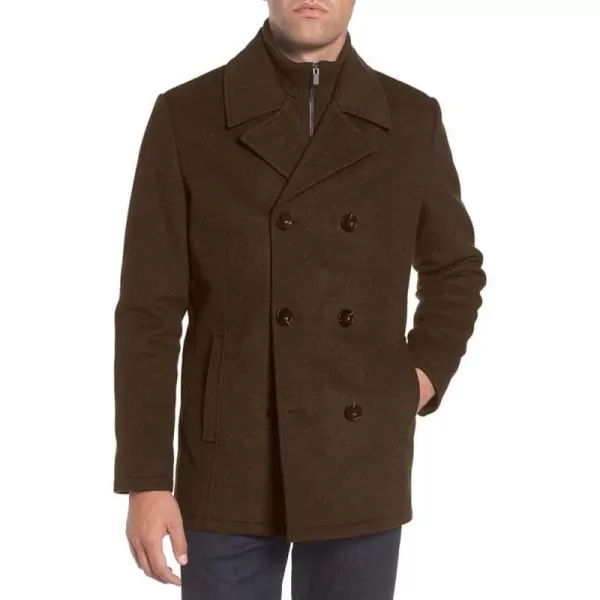 Kenneth Cole Mens Notched Lapel Wool Pea Coat Knit BibOlive