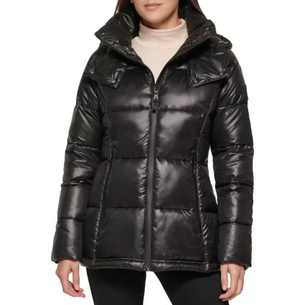 Kenneth Cole New York Womens Horizontal Zip Puffer JacketBlack Solid