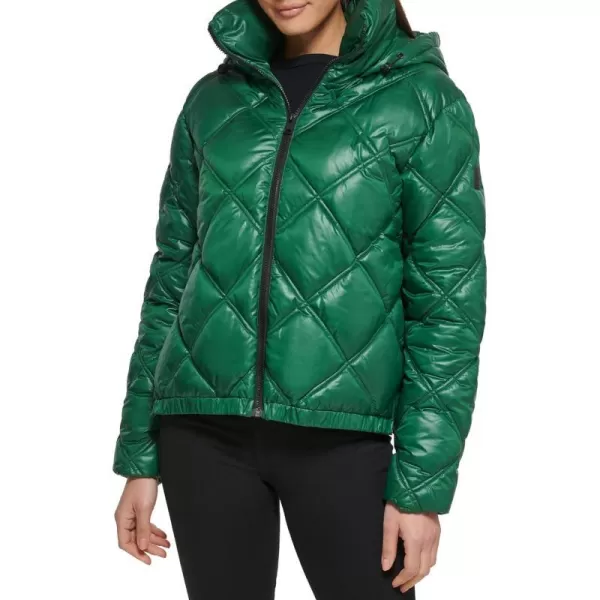 Kenneth Cole New York Womens Short Hooded Diamond Quilted Puffer JacketEmerald