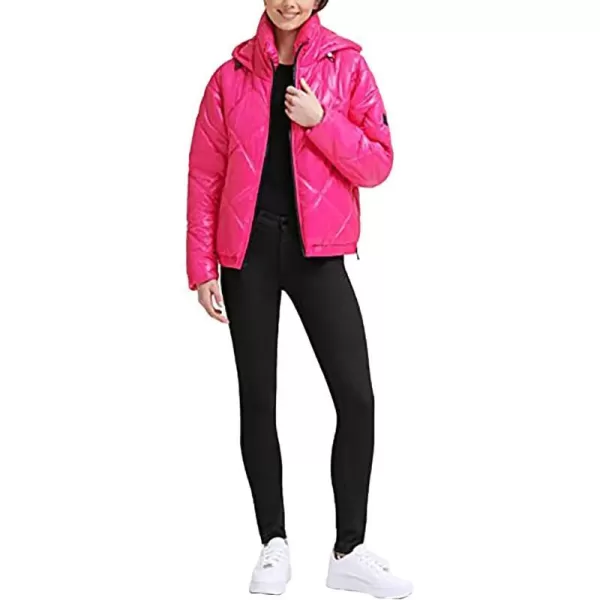 Kenneth Cole New York Womens Short Hooded Diamond Quilted Puffer JacketHot Pink