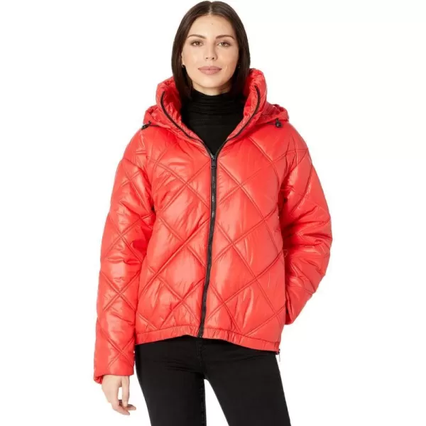 Kenneth Cole New York Womens Short Hooded Diamond Quilted Puffer JacketPuffer Red