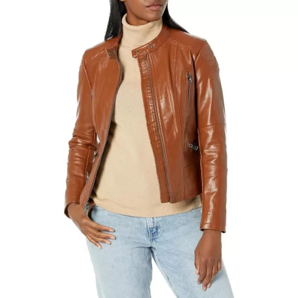 Kenneth Cole Womens Classic Short Moto Faux Leather JacketCognac