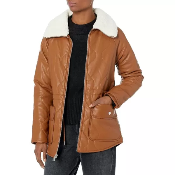 Kenneth Cole Womens Sherpa Lined Collar Faux Leather JacketCognac