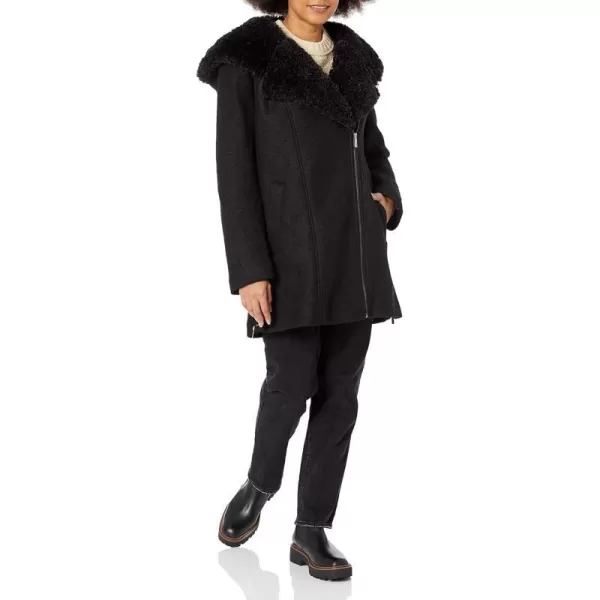 Kenneth Cole Womens Sherpa Trim Asymmestrical JacketBlack