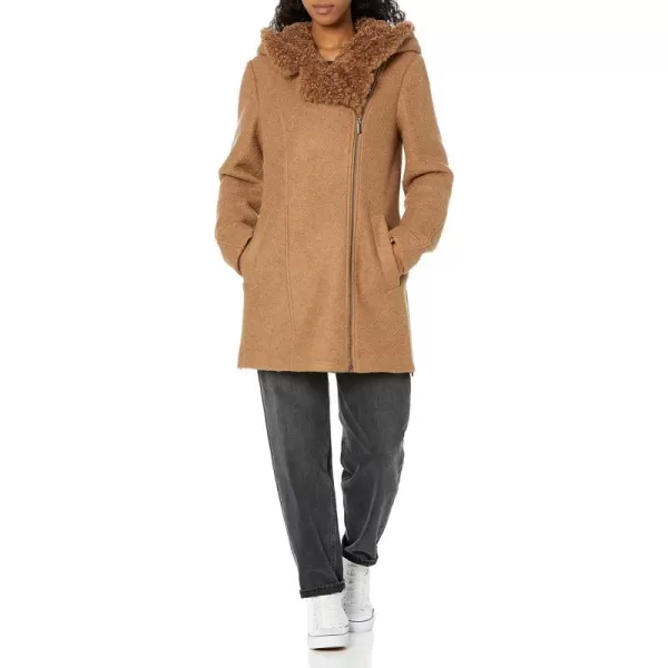 Kenneth Cole Womens Sherpa Trim Asymmestrical JacketCamel