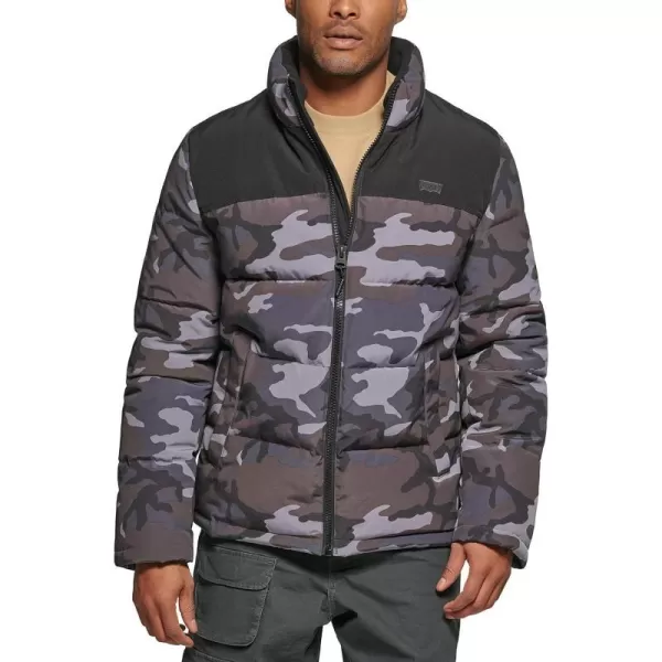 Levis Mens Arctic Cloth Retro Bubble Puffer JacketGrey Camo Tonal Logo