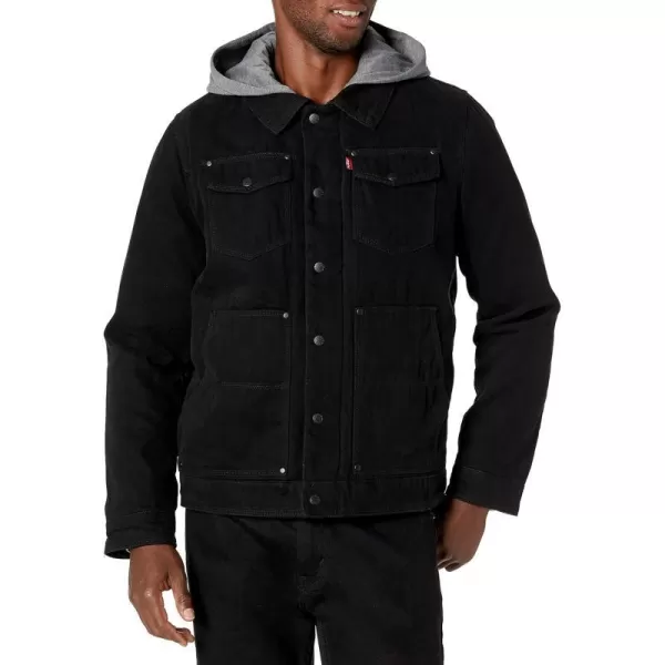 Levis Mens Cotton Canvas Trucker Jacket with Removable HoodBlack Sherpa Lined