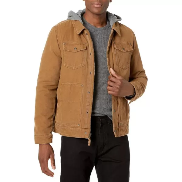 Levis Mens Cotton Canvas Trucker Jacket with Removable HoodWorker Brown Sherpa Lined