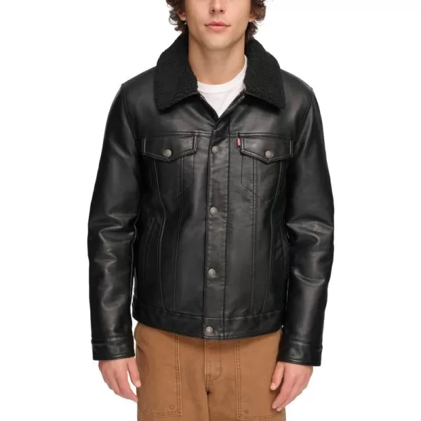 Levis Mens Faux Leather Classic Trucker JacketBlack W Sherpa Collar